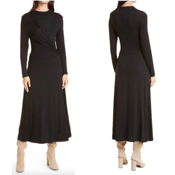 NWT VINCE Long Sleeve Drape Front High Neck Knit Midi Dress in Black Sz.M - Picture 1 of 5